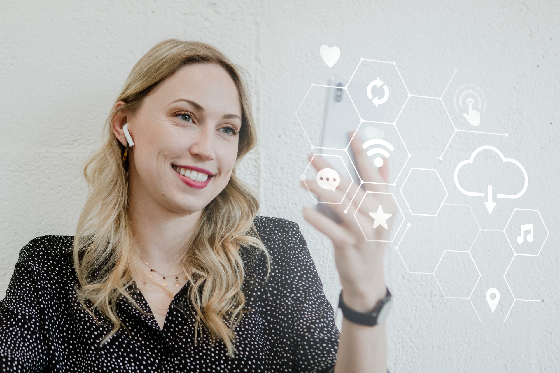 Social network connection with woman video chatting and smiling
